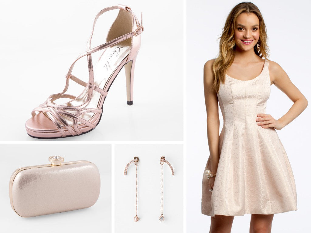 white dress with rose gold accessories